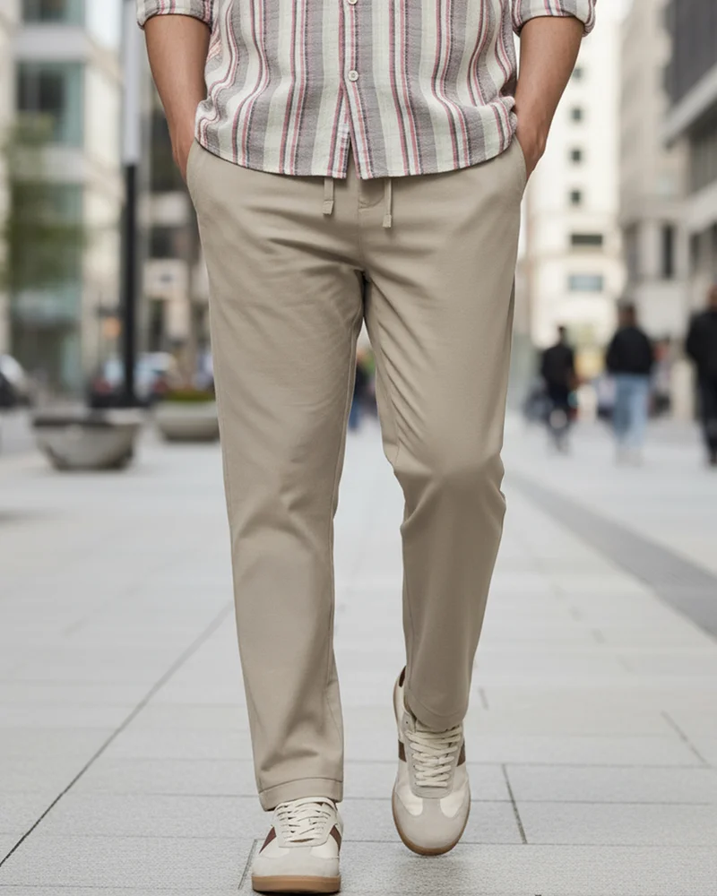 bewakoof Men's Dark Khaki Brown Cotton Linen Pants